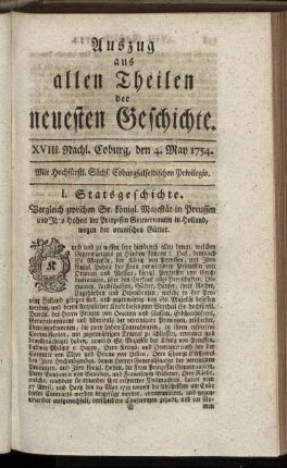 XVIII. Nachl. Coburg, den 4. May 1754.