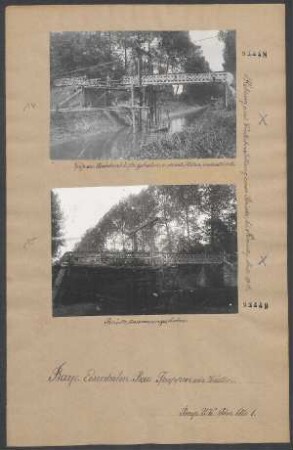 Hebung und Wiederherstellung eines eisernen Stegs und einer eisernen Straßenbrücke bei Schloß Remilly und Aillicourt, Juni - Juli 1916: Brücke zusammengeschoben