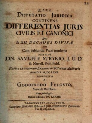 Disputatio Juridica Continens Differentias Juris Civilis Et Canonici