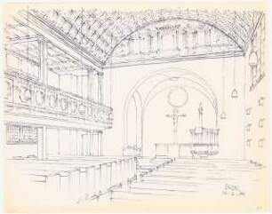 Evangelische Kirche, Berlin-Nikolassee Umbau: Perspektivische Innenansicht Altarseite