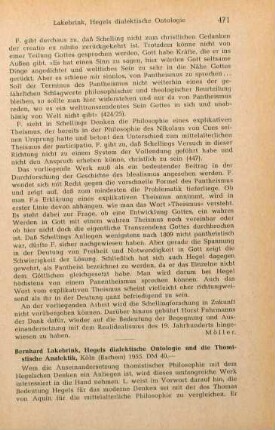 471-474 [Rezension] Lakebrink, Bernhard, Hegels dialektische Ontologie und die thomistische Analektik
