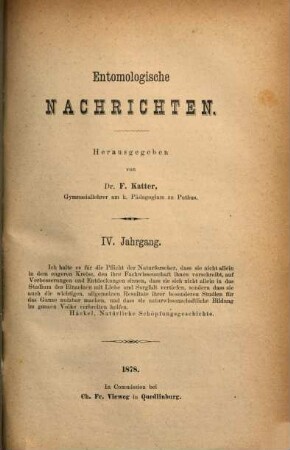 Entomologische Nachrichten. 4. 1878