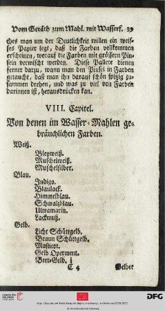 VIII. Kapitel: Von denen im Wasser-Mahlen gebraeuchlichen Farben