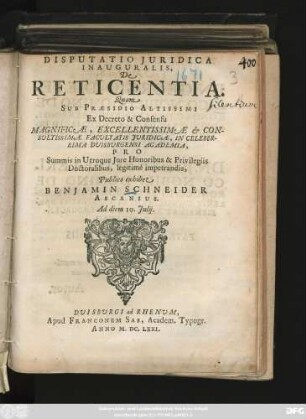 Disputatio Iuridica Inauguralis, De Reticentia