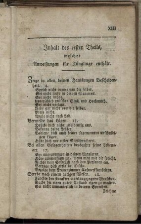 Inhalt des ersten Theils, welcher Anweisungen für Jünglinge enthält.