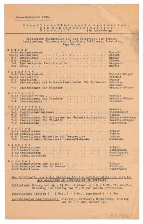 Stundenplan : Plan für das Sommerhalbjahr der Staatlich-Städtischen Handwerker und Kunstgewerbeschule Bielefeld