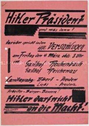 Hektografierte Einladung zu einer Versammlung der SPD in Reichenbach (Sachsen) zur Reichspräsidentenwahl 1932