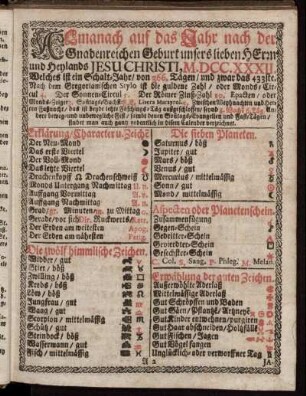 Almanach auf das Jahr nach der Gnadenreichen Geburt unsers lieben Herrn und Heylands Jesu Christi, M.DC.XXXII. ...