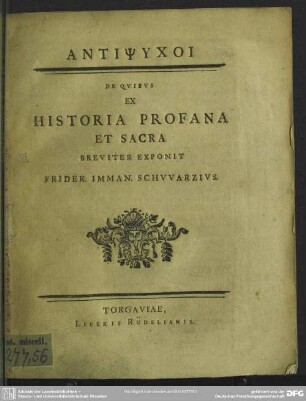 Antipsychoi De Quibus Ex Historia Profana Et Sacra Breviter Exponit