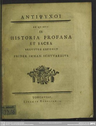 Antipsychoi De Quibus Ex Historia Profana Et Sacra Breviter Exponit