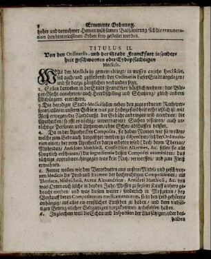 Titulus II. Von den Ordinariis und der Stadt Franckfurt insonderheit geschwornen oder Eydspflichtigen Medicis