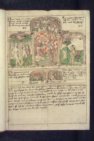 (1) Antitypus: Verkündigung; Typen: (2) Verfluchung der Schlange; (3) Gideon vor dem Vlies; (4) Propheten-Brustbilder