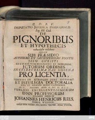 Disputatio Juridica Inauguralis Leg. III. Cod. De Pignoribus Et Hypothecis Analysin exhibens