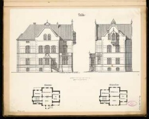 Villa Monatskonkurrenz November 1886: Grundriss Erdgeschoss, Obergeschoss, Aufriss Vorderansicht, Seitenansicht; 2 Maßstabsleisten