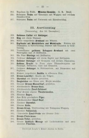 III. Auctionstag. (Donnerstag, den 16. December)