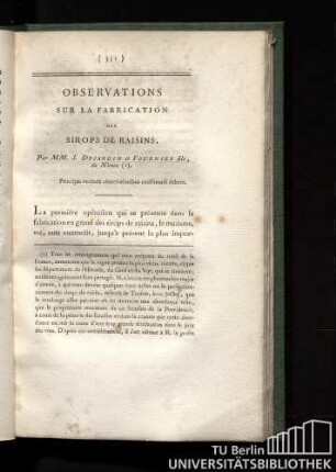 Observations sur la fabrication des sirops de raisins