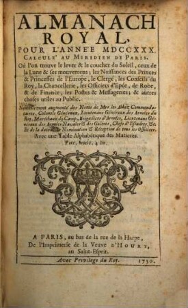 Almanach royal. 1730, 1730