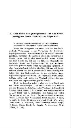 IV. Vom Erlass des Judengesetzes für das Grossherzogtum Posen (1833) bis zur Gegenwart