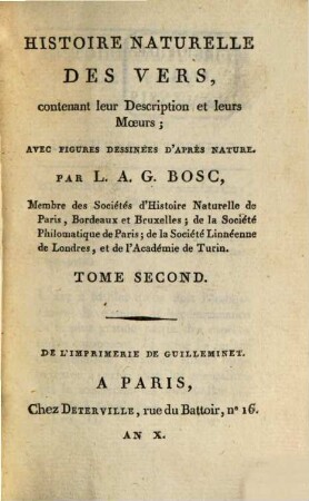 Histoire naturelle des vers : contenant leur description et leurs moeurs ; avec figures dessinées d'après nature, 2