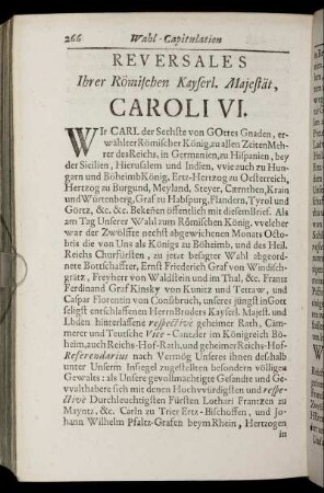 Reversales Ihre Römischen Kayserl. Majestät, Caroli VI.