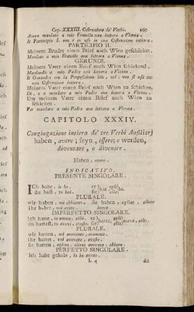 Capitolo XXXIV. Congiugazione intiera de' tre Verbi Ausiliarj haben, avere; seyn, essere; e werden, diventare, o divenire
