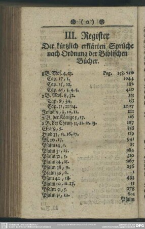 III. Register Der kürzlich erklärten Sprüche nach Ordnung der Biblischen Bücher