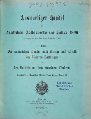 Auswärtiger Handel des deutschen Zollgebiets. 91 = 1896 (1897)