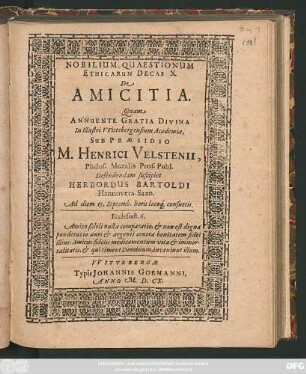 Nobilium Quaestionum Ethicarum Decas X. De Amicitia