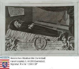Wolff von und zur Todenwarth, Johann Jakob (1585-1657) / Porträt, auf Totenbett liegend, Ganzfigur, mit Wappenmedaillon und Inschriften