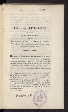 Bijdrage tot de kennis van de taal der Z. W. Eilanden (1), benevens eene proeve van vergelijking derzelve met acht andere inlandsche talen.