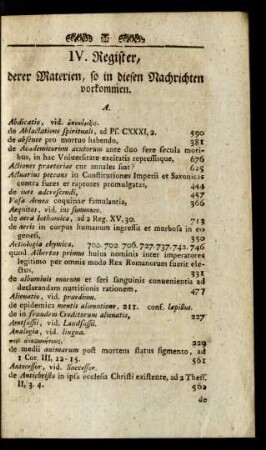 IV. Register, derer Materien, so in diesen Nachrichten vorkommen