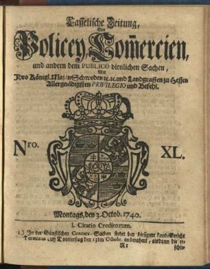 Nro. XL, Montags, den 3. Octob. 1740