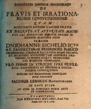 Disputatio juridica inauguralis De pravis et irrationabilibus consvetudinibus