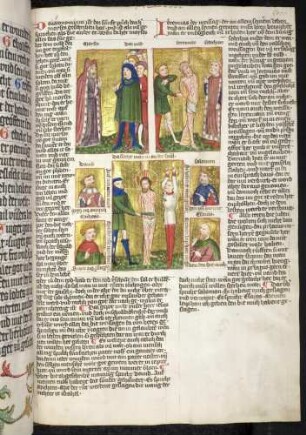 (1) Antitypus: Geißelung Christi; (2) Typus: Moses droht dem Volk mit Geißelstrafen; (3) Typus: Geißelung Jeremias; Propheten-Brustbild
