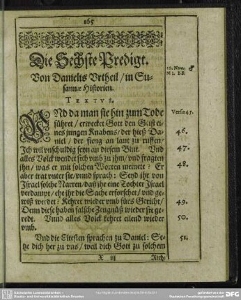 Die Sechste Predigt. Von Danielis Urtheil, in Susannae Historien