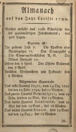 Almanach auf das Jahr Christi 1792.