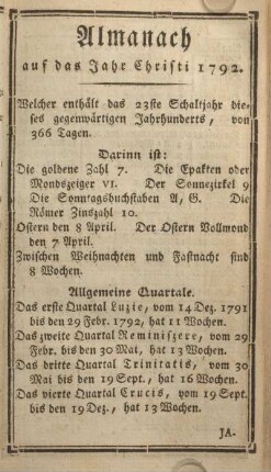 Almanach auf das Jahr Christi 1792.