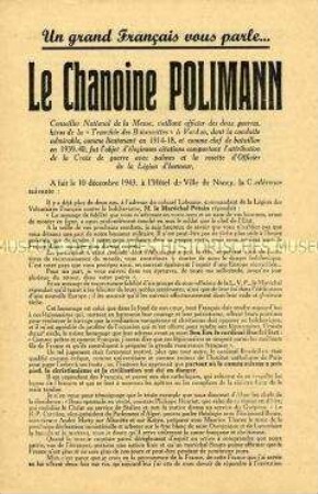 Propagandaschrift aus Vichy-Frankreich zur Rede eines französischen Geistlichen über die Konsequenzen einer Niederlage Deutschlands