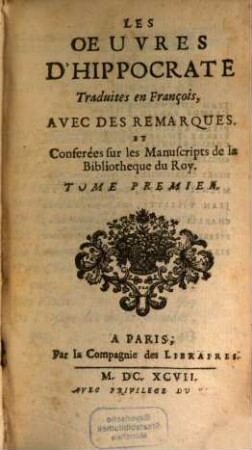 Les Oeuvres D'Hippocrate, 1