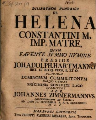 Dissertatio historica de Helena, Constantini M. Imp. matre