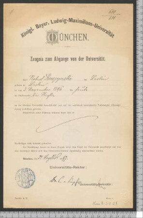Zeugnis zum Abgange von der Universität