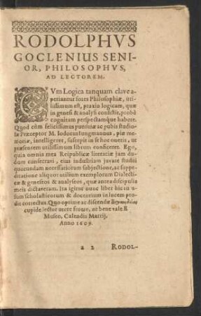 Rodolphus Goclenius Senior, Philosophus, Ad Lectorem