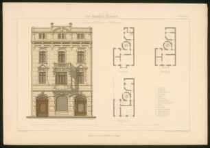 Wohn- und Geschäftshaus mit flachem Dach: Grundrisse und Ansicht (aus: Ein-Familien-Häuser, entworfen und gezeichnet von Hermann Bethke)