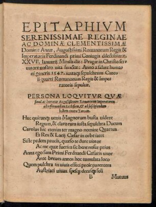 Epitaphium Serenissimae Reginae Ac Dominae Clementissimae Dominae Annae ...