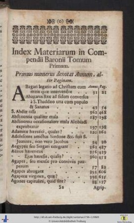 Index Materiarum in Compendii Baronii Tomum Primum.