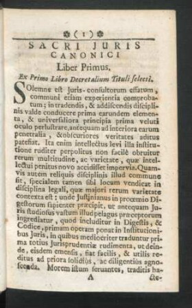 Sacri Juris Canonici Liber Primus. Ex Primo Libro Deccretalium Tituli selecti
