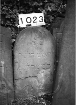 Grabstein 1023 (Index: 99630526) Material: Sandstein Zustand: stark abgeblättert Maße HxBxT: 67x37x8 cm Beschreibung: Stele mit Rundbogenabschluß: Grabstein 1023