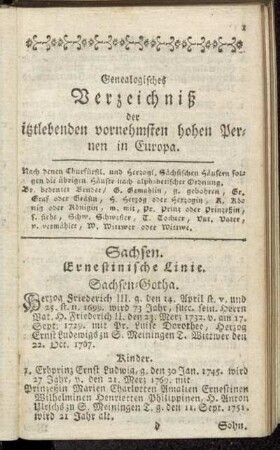 Genealogisches Verzeichniß der itztlebenden vornehmsten hohen Personen in Europa.