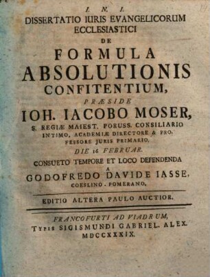 Diss. iuris Evangelicor. eccl. de formula absolutionis confitentium