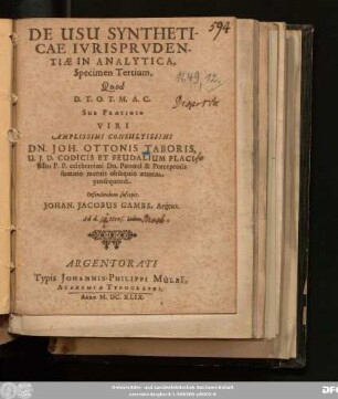 De Usu Syntheticae Iurisprudentiae In Analytica : Specimen Tertium